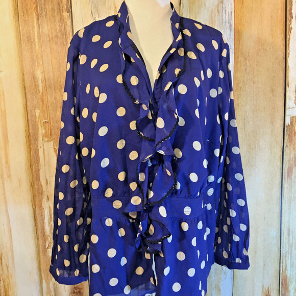eshakti Tops - eShakti Custom Blouse Blue & White Dot Ruffle 1X